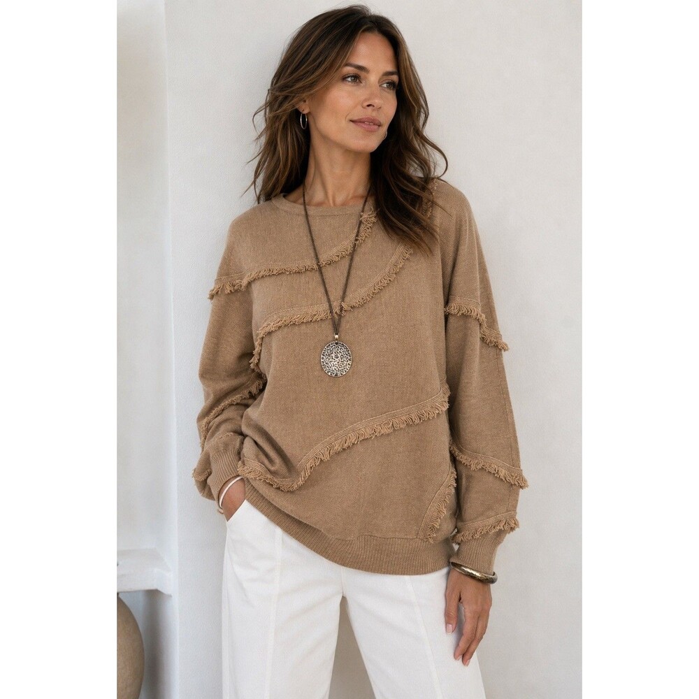 Chico’s Fringe Trim Asymmetrical Tunic Sweater Tan Boho Artsy Crewneck Size 1 M